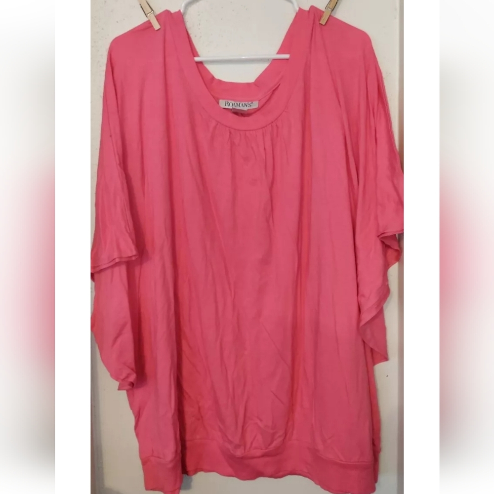NEW Roamans Sz 2X 26/28 Pink Tunic Top Short Batwing Sleeve Casual Shirt
